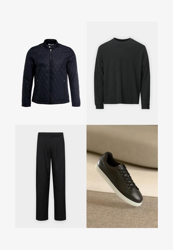 Fekete steppelt dzseki álló gallérral, teljes elülső cipzárral és két oldalsó zsebbel. Simából készült, könnyű anyagból, gyémántmintával.; Fekete, hosszú ujjú póló, 100% pamutból készült, kerek nyakkivágással, bő szabású, bordázott mandzsettákkal. Simaság jellemzi, látható mintázat nélkül.; Fekete nadrág sima anyagból, egyenes szárú fazonnal, két elülső redővel és közönséges derékkal, övhurkokkal.; Fekete bőr sportcipő fehér gumitalppal és fekete fűzőkkel, bézs szövetfelületen és háttérben elhelyezve.