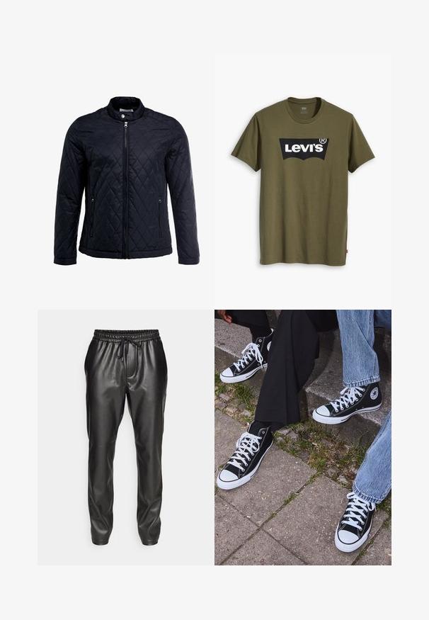 Schwarze gesteppte Jacke mit Stehkragen, durchgehendem Reißverschluss und zwei Seitentaschen. Hergestellt aus glattem, leichtem Stoff mit einem Diamantmuster.; Olivgrünes Baumwoll-T-Shirt mit großem schwarzem Levi's-Logo in einer kontrastierenden, halbkreisförmigen Form über der Brust. Normale Passform.; Schwarze Leder-Jogginghosen mit elastischem Bund und verstellbarem Kordelzug. Glatte Textur, schmaler Schnitt und umgeschlagene Knöchel.; Schwarzecanvas-Sneaker mit hohem Schaft, weißen Gummisohlen und Schnürsenkeln, die ein rundes Logo an der Seite besitzen und mit Denim- sowie schwarzen Hosen kombiniert sind.