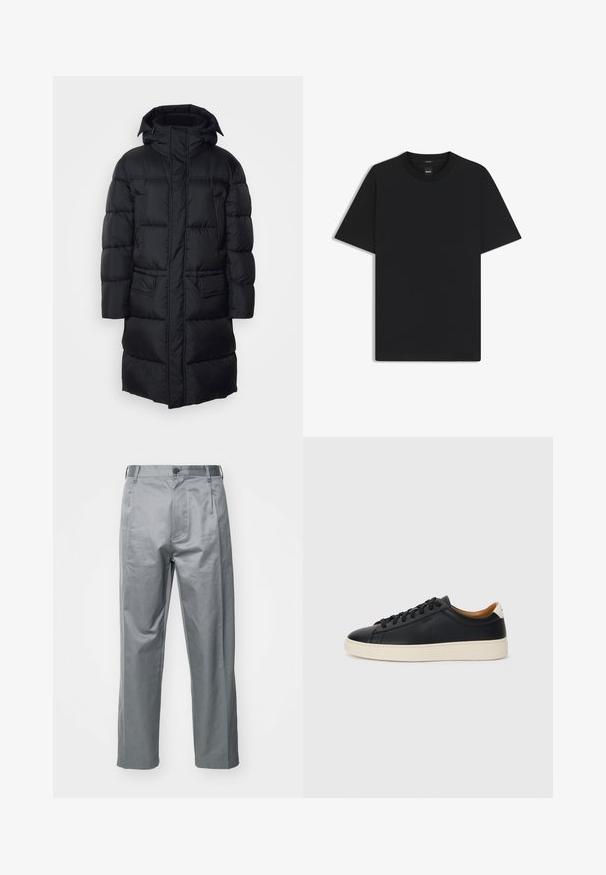 Svart puffjacka med huva, dragkedja och två främre fickor, med vaddering i kviltat mönster och en slät, lätt yta.; Svart kortärmad T-shirt i en mjuk bomullsblandning, med rundad halsringning och en minimalistisk design utan mönster eller detaljer.; Grå bomullsblandning byxor med rak ben-design, med en framknappstängning, bältesslingor och sidofickor.; Svarta lädersneakers med en slät yta, beige gummisula, snörning och en kontrasterande hälackcent.