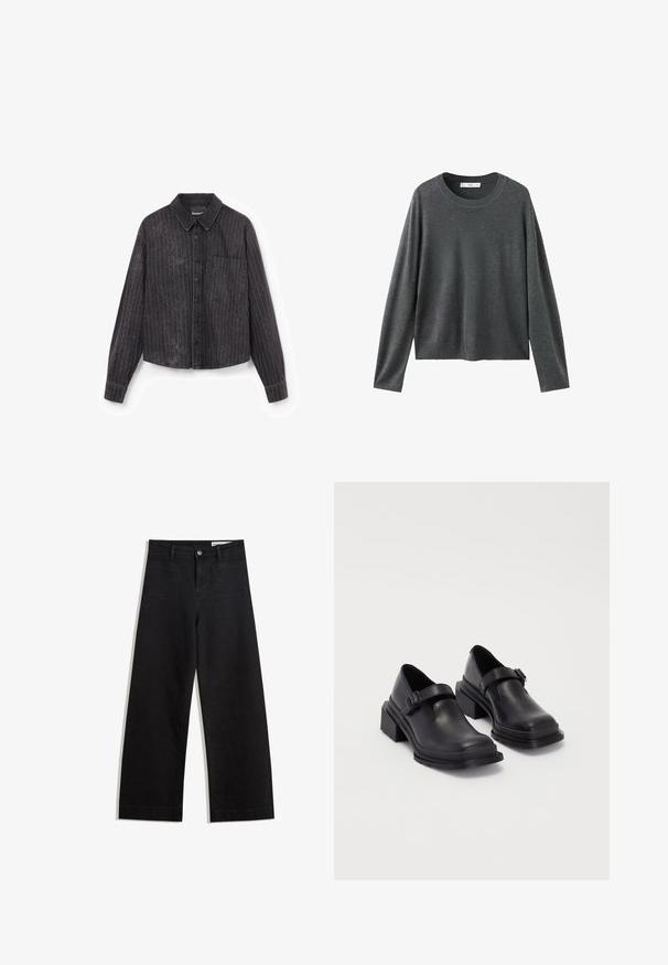Black cropped shirt with vertical stripes, button closure, a single chest pocket, and a textured fabric featuring a subtle shimmer.; Gray knitted sweater with long sleeves, round neckline, and a relaxed fit. Made from soft fabric with a smooth texture and no visible patterns.; Black wide-leg denim pants with a high waist, featuring front and back pockets, stitched seams, and a button closure. Smooth texture.; Black leather shoes with a rounded toe, flat sole, and a strap with a buckle detail. Chunky block heel for added stability.