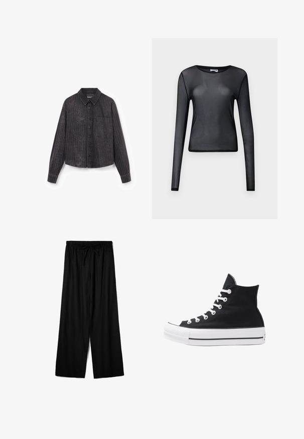 Musta lyhyt cropattu paita, jossa on pystysuorat raidat, nappisuljenta, yksi rintatasku ja tekstuuri, joka sisältää hienovaraisen kiillon.; Mustat pitkähihaiset paita, joka on valmistettu läpikuultavasta materiaalista, jossa on pyöreä kaula-aukko ja slim fit -malli, hienosti viimeistellyillä helmilla.; Mustat avara lahkeiset housut, jotka on valmistettu kevyestä kankaasta ja joissa on joustava vyötärö, jossa on säätönyöri mukautuvan istuvuuden saavuttamiseksi. Sujuva rakenne.; Korkean ylösulkeutuvan mustan kankaan lenkkitossun, jossa on valkoiset rei'itykset, nauhat ja kumipohja. Sisältää teksturoituneen kärkitilan ja musta-valkoiset raidat.