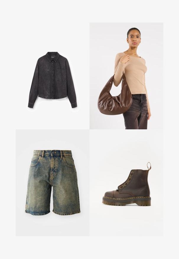 Black cropped shirt with vertical stripes, button closure, a single chest pocket, and a textured fabric featuring a subtle shimmer.; White ribbed tank top with a round neckline and sleeveless design, featuring "Dickies" in black lettering across the chest.; Denim shorts in a faded blue color, featuring five pockets, a button closure, and frayed hems, with a slightly distressed texture.; Brown leather ankle boot with a round toe, contrasting yellow stitching, decorative metal eyelets, and a grooved rubber sole.; Brown leather hobo bag with a slouchy design and smooth texture. Worn casually by a model, featuring a large opening and rounded shape.