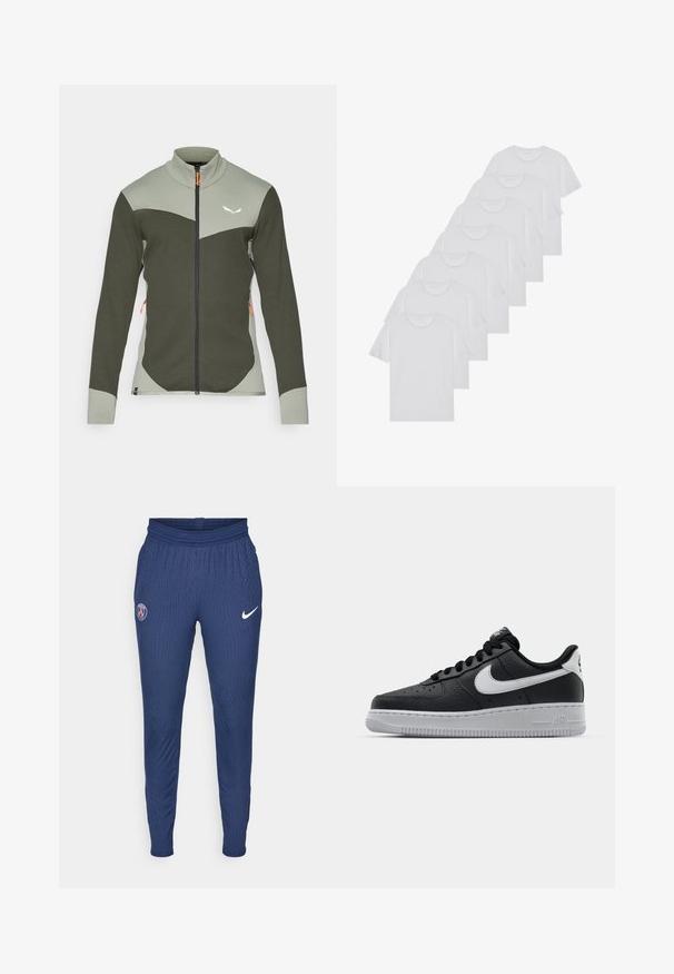Prilagojena jakna na zadrgo v olivno zeleni in svetlo sivi barvi. Ima teksturirano blago, stoječi ovratnik in oranžne poudarke na zadrgi. Belo logo na prsih.; Beli bombažni T-majici, kratki rokavi, krožni izrez, enostavna tekstura, zloženi v vrsto, s subtilnim logotipom na vratu.; Mornarice športne hlače iz teksturiranega materiala z logotipom Pariza na levem stegnu in belim Nikejevim logotipom na desni strani.; Črne usnjene teniske z teksturirano površino, bele Nikejeve zmage, sivo podplato, okroglo konico in vezalno zasnovo. Imajo perforacije na prednjem delu.