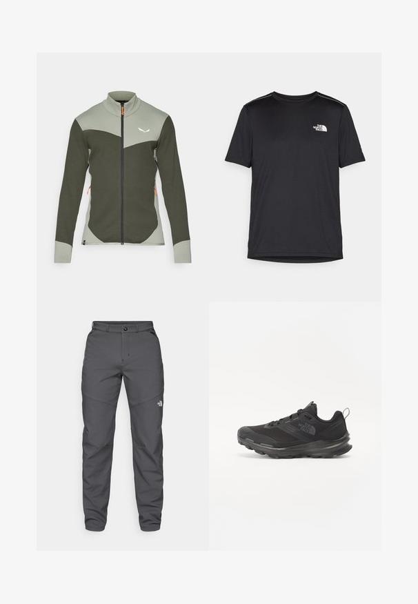 Roheline ja heledhalli värvi sobiv jakk lukuga. Omab tekstuuriga kangast, püsti kaela ning oranže luku aksente. Valge logo rinnal.; Must mustaöödiga must T-särk, mis on valmistatud kerge riidekanga. Esiküljel on vasakul rinnal väike valge logo ning õlgadel on peened aktsendid.; Hallide hallpantsid, mis on valmistatud vastupidavast kangast, pehme nööbiga lukuga, vööloopidega ja logoga alakäe lähedal.; Must use õhku läbilaskvat võrku ülemise ja kummist välispõhjaga mustad atleetijalatsid, millel on polsterdatud kaelus. Omab nööre, logo küljel ja tekstuurset disaini.