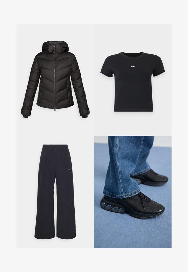 Čierna vrecková bunda s kapucňou, so štvorcovým prešívaným dizajnom, predným zipsom a dvoma bočnými vreckami. Textúrovaná tkanina s elastickými manžetami.; Čierne tričko s krátkym rukávom vyrobené z bavlny s okrúhlym výstrihom. Obsahuje biele logo Nike na hrudi, minimalistický dizajn a priliehavý strih.; Čierne široké nohavice s elastickým pásom a malým bielym logom Nike. Tkanina má hladkú textúru, navrhnutá pre pohodlie a neformálne nosenie.; Čierne atletické tenisky s vrchným materiálom z elastického sieťového textilu, s textúrovanými akcentmi a viditeľnými vzduchovými podložkami v podrážke. Nosené s modrými džínsami.