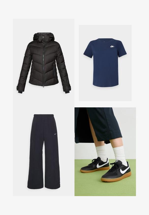 Must näkilehma jope kapuutsiga, millel on tikitud muster, esiküljel lukk ja kaks küljetaskut. Tekstuuriga kangas ja elastsed mansetid.; Tumed sinine puuvillane t-särk ümmarguse kaelusega, lühikeste varrukatega ning vasakus rinnas valge Nike logo. Sile tekstuur ja lihtne disain.; Mustad laiad mustad püksid, millel on elastne vöökoht ja väike valge Nike logo. Kanga tekstuur on sile, disainitud mugavuseks ja igapäevaseks kandmiseks.; Mustad nahast ja sünteetilised sneekerid valge Nike logoga, kummist gumme, ümar nina ja mustad paelad. Näha ribakujulisi valgeid sokke.