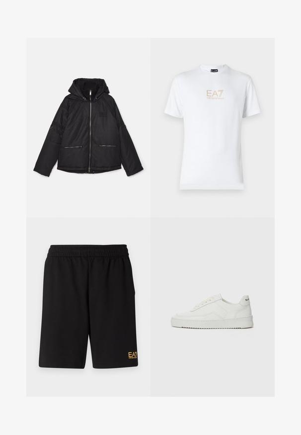 Svart puffjacka med huva, med dragkedjsfickor, ribbad inre krage och texturerade sidopaneler. Framdragkedja och avslappnad passform.; Vit bomull t-shirt med rund halsringning och korta ärmar, med en guld EA7 Emporio Armani-logotyp tryckt på framsidan.; Svarta träningsshorts i mjukt tyg, med ett elastiskt midjeband och en liten gul EA7-logotyp på nedre vänstra benet.; Vita lädersneakers med en jämn yta, rund tå, platta snörningar och en strukturerad sula. Har en diskret logotyp på hälen.