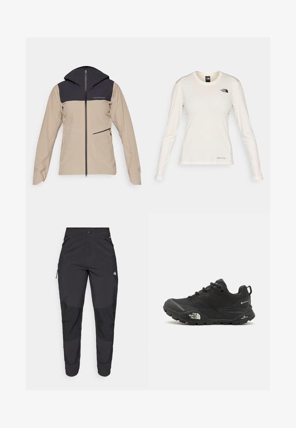 Peak Performance COMMUTER HIPE - Regenjacke / wasserabweisende Jacke - avid beige/black; The North Face SHADOW LONG SLEEVE - Langarmshirt - white dune; Schwarze Outdoor-Hosen aus strapazierfähigem Material. Verfügen über Reißverschlusstaschen, verstärkte Knieeinsätze und ein gerades Design für Beweglichkeit.; Schwarzer Wanderschuh mit einer strukturierten Oberfläche, Schnürverschluss und einer massiven Gummisohle, die auf der Seite ein ausgeprägtes Logo sowie Profilmuster zeigt.