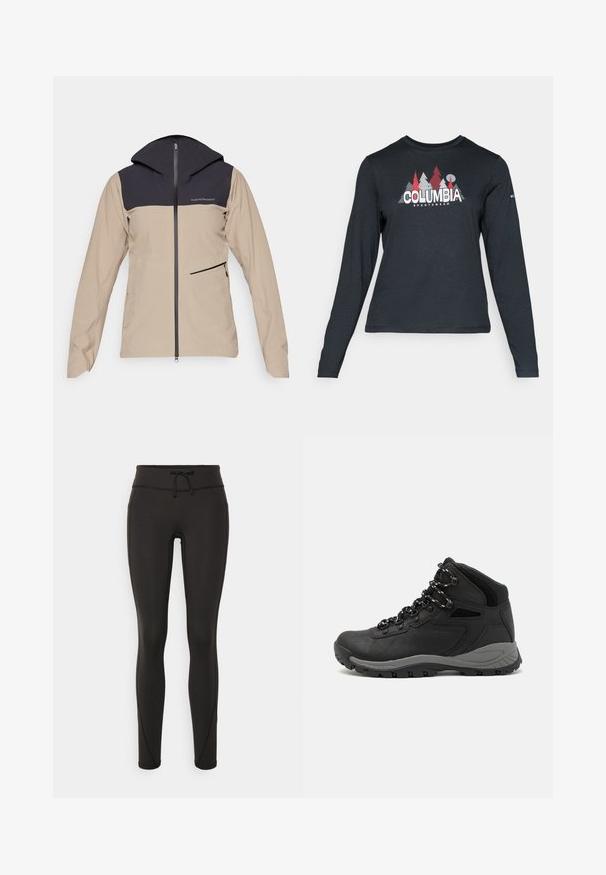 Peak Performance COMMUTER HIPE - Waterproof jacket - avid beige/black; Long-sleeve dark gray shirt with a graphic of red trees and mountains; "COLUMBIA" logo in bold white text. Soft fabric, standard crew neck.; Black leggings with a high waistband, drawstring, smooth texture, and fitted design. Features stitching details along the sides.; Black hiking boot with a mid-top design, featuring a textured upper, gray accents, and durable rubber sole with traction lugs.