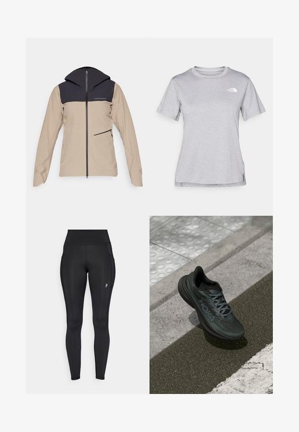 Peak Performance COMMUTER HIPE  - Regnjakke / vandafvisende jakker - avid beige/black; Grå kortærmet T-shirt lavet af blødt, fugttransporterende materiale. Har en rund hals og et lille hvidt logo øverst til venstre.; Sorte, hel-lange leggings lavet af strækbart materiale, med høj talje, sidelommer og et lille logo på venstre lår.; Sort løbesko med mesh-overdel, teksturerede detaljer og logo, der har en polstret sål og grå snørebånd, placeret på fortovet.
