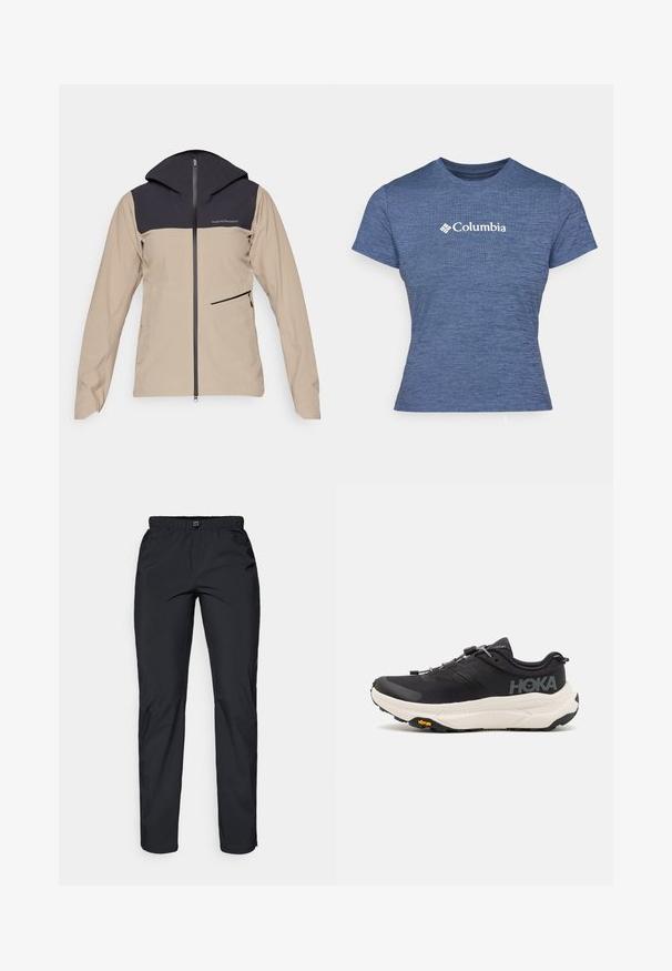 Peak Performance COMMUTER HIPE - Veste imperméable - avid beige/black; T-shirt bleu à manches courtes en tissu texturé, arborant un logo Columbia blanc sur la poitrine, col rond et coupe ajustée.; Pantalons noirs, légers et résistants à l'eau avec une taille élastique et deux poches latérales ; texture lisse ; design à jambe droite.; Baskets de sport noires avec une tige en mesh respirant, une semelle en caoutchouc, un intermédiaire de coussin en blanc et des lacets réfléchissants. Logo Vibram sur la semelle.