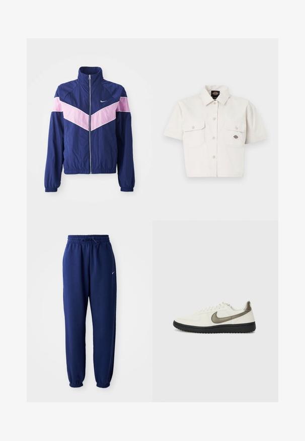 Casaco corta-vento azul-marinho com listras em forma de chevron rosa, fecho de correr na frente, gola alta e punhos elásticos. Tecido leve e suave. Logotipo da Nike no peito.; Camisa branca de algodão, de mangas curtas e cropped, com dois bolsos no peito, fecho de botões na frente e um patch com logotipo no bolso esquerdo.; Calças de fato de treino azul marinho feitas de um tecido suave, com uma cintura elástica com cordão, punhos elásticos e um pequeno logótipo branco.; Nike Sportswear FIELD GENERAL - Sapatilhas - off-white/black
