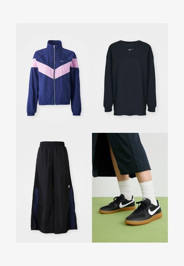 Marineblå vindjakke med rosa chevron-striper, glidelås foran, ståkrage og elastiske mansjetter. Lett, glatt stoff. Nike-logo på brystet.; Svart langermet T-skjorte laget av bomull med rund hals. Har en hvit Nike-logo på brystet. Myk tekstur, enkelt design.; Svarte vide bukser laget av lett stoff, med et marineblått sidestykke og elastisk midjebånd. Liten hvit logo nederst.; Sorte lær- og syntetiske joggesko med hvit Nike swoosh, gummisåle, rund tå og sorte lisser. Ribbet hvite sokker synlige.