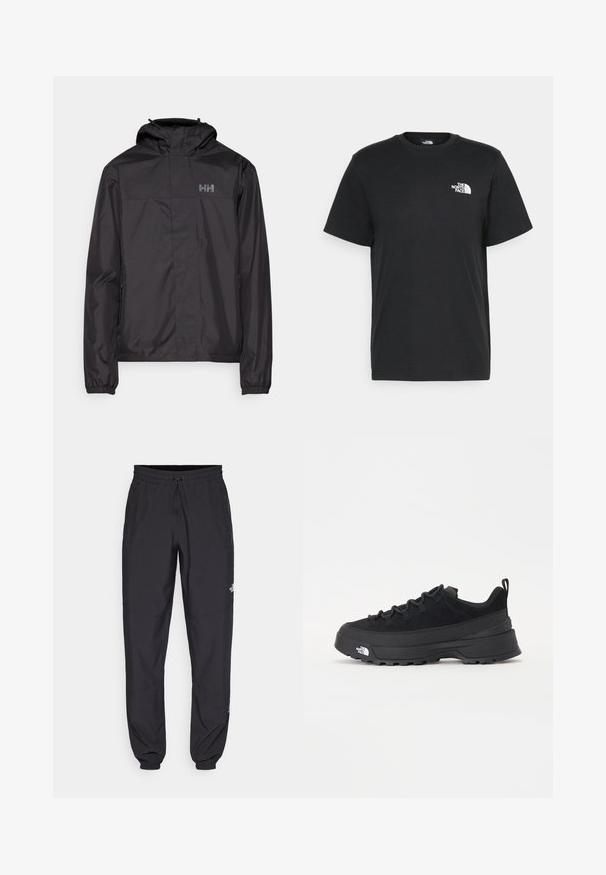 Helly Hansen VANCOUVER FLEECE LINED JACKET - Veste Hardshell - black; T-shirt en coton noir à manches courtes, col rond, avec un petit logo blanc sur la poitrine gauche. Design simple, texture lisse et coupe décontractée.; Pantalon de sport noir en tissu léger, avec une taille à cordon, des poches latérales et des chevilles resserrées.; Baskets de plein air noires avec une tige en daim, semelle en caoutchouc texturé et un système de laçage robuste. Comprend un talon renforcé et un logo de la marque sur le côté.