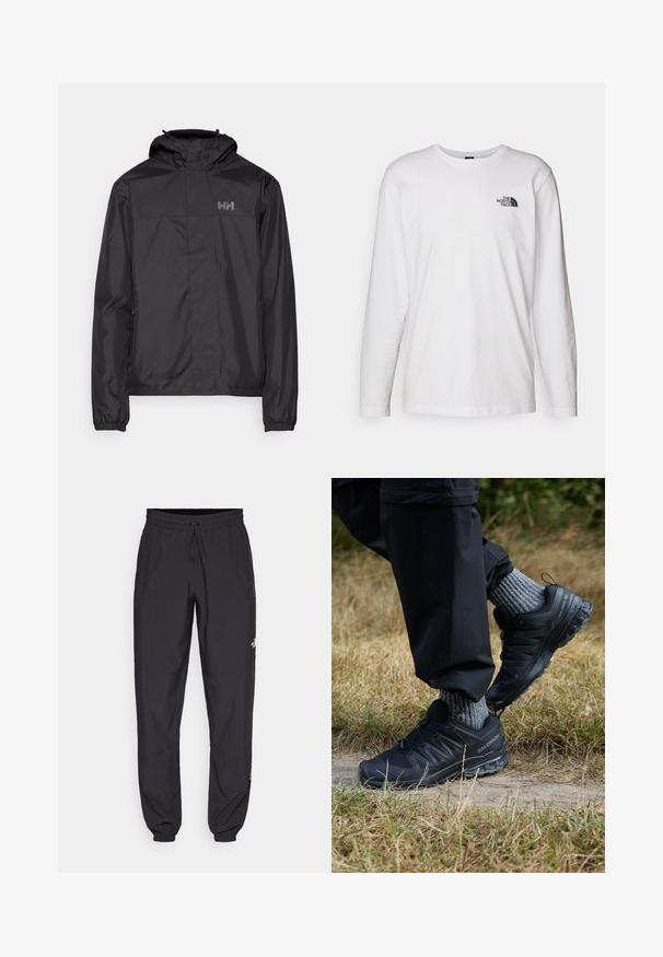 Helly Hansen VANCOUVER FLEECE LINED JACKET - Hardshell jacket - black; White long-sleeve T-shirt made of cotton with a crew neck. Features a small black logo on the chest. Smooth texture, regular fit.; Black athletic pants made from lightweight fabric, featuring a drawstring waistband, side pockets, and tapered cuffs at the ankles.; Black athletic shoes with textured mesh upper, rubber sole, and prominent lacing system. Paired with gray knit socks and black pants.