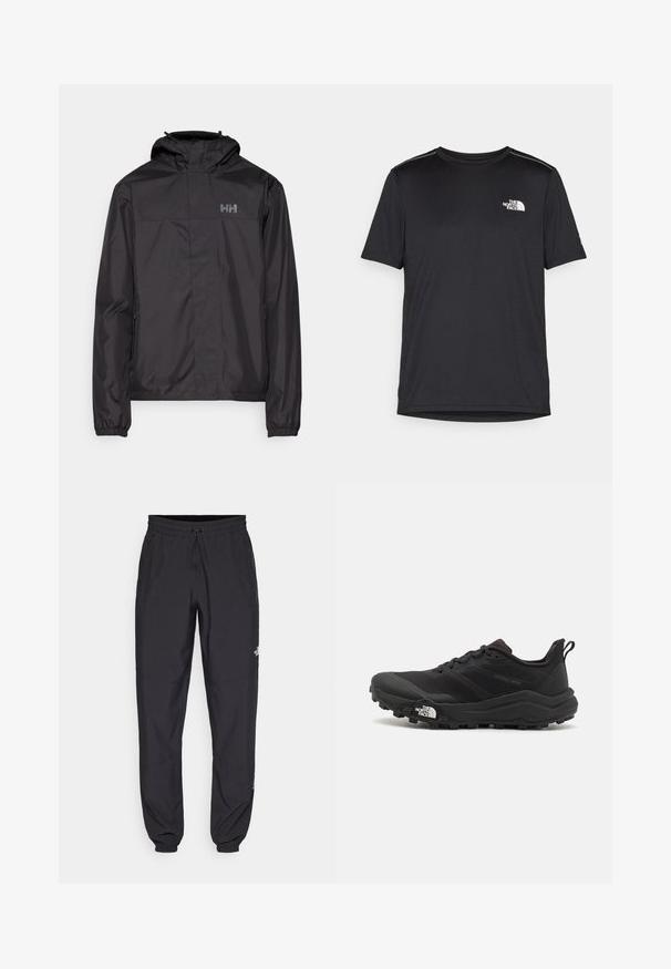 Helly Hansen VANCOUVER FLEECE LINED JACKET - Jachetă hardshell - black; Tricou negru cu mânecă scurtă, realizat dintr-un material ușor. Prezintă un mic logo alb pe pieptul stâng și accente subtile pe umeri.; Pantaloni atletici negri, confecționați dintr-un material ușor, cu un tiv elastic la talie, buzunare laterale și tivuri ajustate la gleznă.; Pantofii de alergare pe teren accidentat, de culoare neagră, cu un superior texturat, talpă din cauciuc și vârf întărit. Prezintă un guler căptușit și o bandă de prindere pentru îmbrăcare ușoară.