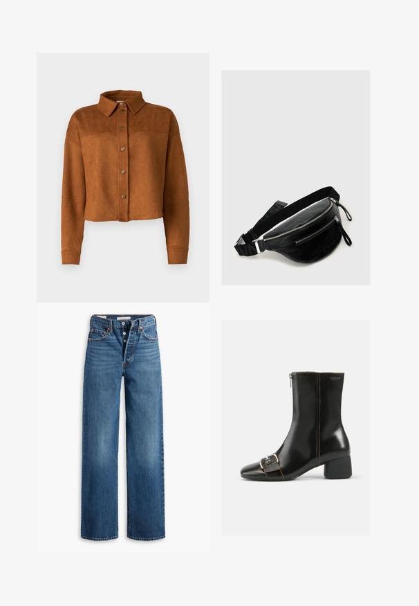 Cropped brown faux suede shirt jacket with a collar, button closure, and long sleeves. Features matte metal snaps on the front.; Brown ribbed long-sleeve sweater with a round neckline, showcasing a textured fabric that emphasizes vertical lines. Simple and fitted design.; Blue denim jeans with a wide-leg design, five pockets, button fly, and contrasting stitching. Textured fabric with a faded finish.; Black leather ankle boot with a rounded toe, side zipper, and silver buckle detail. Features a chunky heel and contrasting stitching.; Black leather fanny pack with dual zippered compartments, textured surface, adjustable strap, and silver hardware accents.