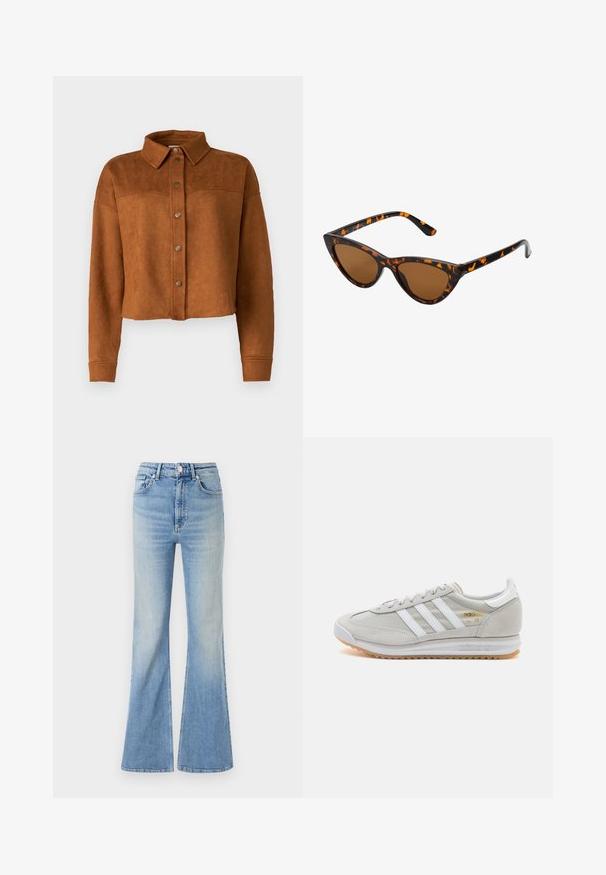 Veste chemise en faux suède brun, raccourcie, avec un col, une fermeture à boutons et des manches longues. Présente des pressions en métal mat à l'avant.; ONLY ONLMELITA O NECK - Pullover - winter moss; Jean évasé bleu clair en denim, doté d'une taille haute, d'un design à cinq poches et d'un dégradé subtil vers l'ourlet.; Basket en cuir suédé et mesh gris clair, avec trois bandes blanches, bout rond et semelle en caoutchouc naturel. Accent logo doré près des lacets.; Lunettes de soleil style œil de chat avec une monture en écaille de tortue noire et orange, verres marron et pointes effilées et élégantes. Présente un logo minimaliste sur la branche.; Boucles d'oreilles en argent en forme de créoles avec un design torsadé, dotées d'une finition polie et d'une fermeture à poussoir. Mesurent environ 3 cm de diamètre.