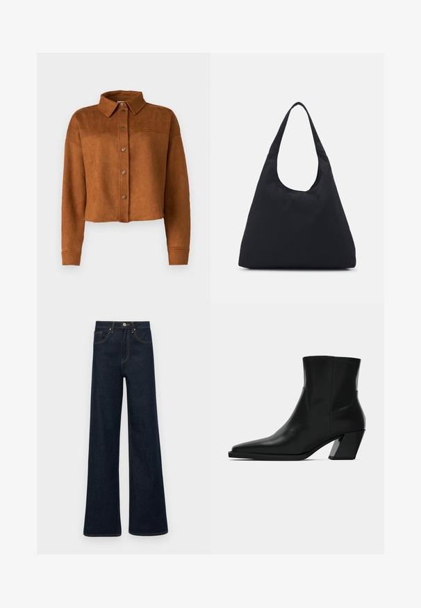 Trumpas rudas dirbtinio suede marškinėlių švarkas su apykakle, mygtukų uždarymu ir ilgomis rankovėmis. Priekyje turi matinės metalinės užsegamos.; Balta pynimo kabeliu megztukė su pakeltu kaklu ir trumpa siluetu, turinti raibą antkaklį ir apačią. Minkšta tekstūra su jaukia, masyviu dizainu.; Tamsiai mėlyni plačios kojų džinsai su priekinėmis kišenėmis, diržo kilputėmis ir mygtuko uždarymu.; Juodos odinės aulinės bateliai iki kulkšnies su smailiu nosiu, elegantiška siluetu ir stambiu kvadratiniu kulnu. Lygus pavirčius su minimaliais siuvimo detalėmis.; Juodas audinio krepšys su plačiu peties diržu. Minkšta, pusiau struktūrizuota forma ir lygus paviršius; minimalus dizainas, be matomo įrangos.