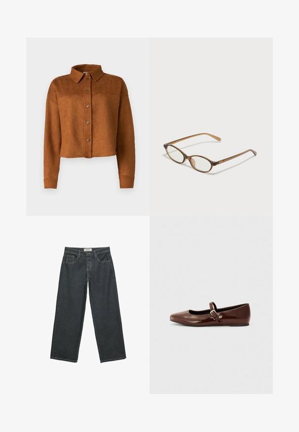 Beskyttet brun imitation suede skjortejakke med krave, knaplukning og lange ærmer. Har matte metalknapper foran.; Olivenfarvet strikket sweater med rund hals, lange ærmer og ribbet kant. Har et cropped design med en blød, struktureret overflade.; Mørkegrå vide jeans lavet af denim, med høj talje, fem lommer og synlige sømme langs sømmen.; Brun patentlæder balletflade med firkantet tå og strop med en lille guldbuckle. Glat tekstur, lav hæl og minimalistisk design.; Brune skildpaddemønstrede briller med ovale linser, tynde arme og gennemsigtige accenter. Har et diskret logo på stangen. Slankt, let design.; Sort læderhåndtaske med flettede håndtag, lynlåslomme og hængende frynser. Tekstureret overflade med metalnitter og hardware-accenter.