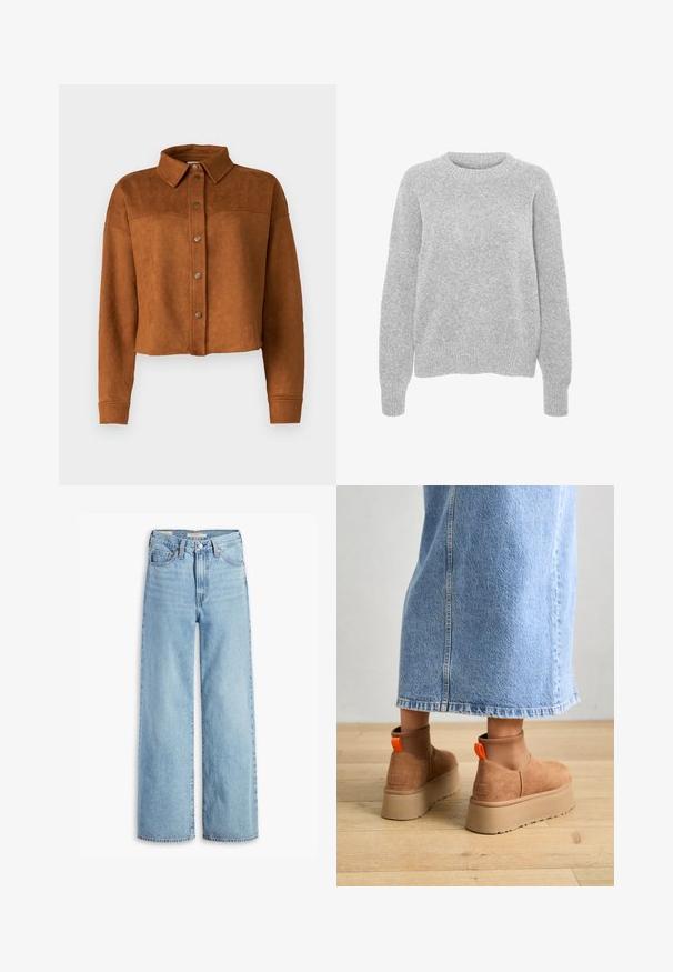 Skriven smeđa umjetna suknja kožna jakna s ovratnikom, zatvaranjem na gumbe i dugim rukavima. Ima mat metalne dugmadi sprijeda.; Sivi pleteni pulover s dugim rukavima, okruglim izrezom, rebrastim manžetama i rubom, s mekim teksturom i opuštenim krojem.; Farmerke s visokim strukom, svijetloplave boje, širokih nogavica, s prednjim gumbom i patentnim zatvaračem, petljama za pojas i stilizacijom s pet džepova.; Smeđe suede platform čizme s elastičnim bočnim panelima i narančastim vučnim trakama, uparenim s suknjom od svijetlog denima do koljena na drvenom podu.