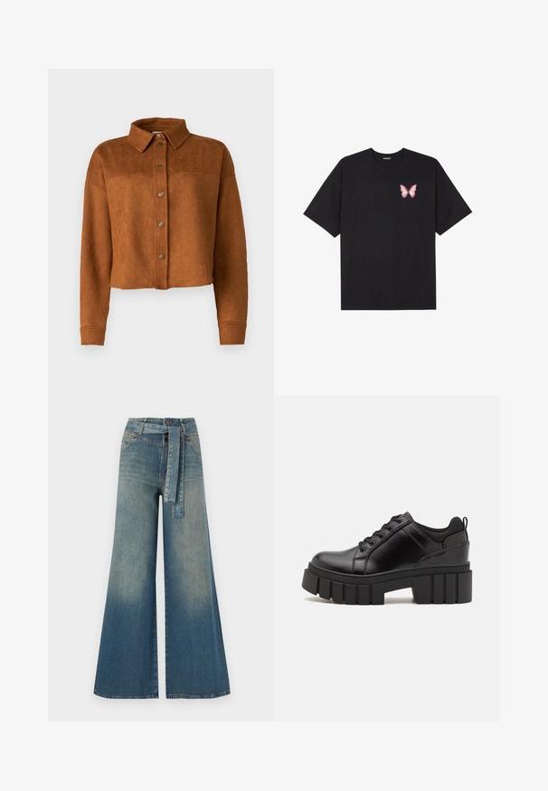 Avskuren brun faux mocka skjortjacka med krage, knappstängning och långa ärmar. Har matta metallknappar på framsidan.; Svart bomullströja med korta ärmar, med en liten rosa fjärilsgrafik på vänster bröst. Rundad halsdesign med en avslappnad passform.; Breda denimbyxor med en ljus till mörkblå gradient, hög midja, bälteshällor och ett matchande tygbälte. Texturerad denimfinish.; Svarta läderplattformsskor med en kraftig blockklack, rund tå och traditionell snörningsdesign. Har en slät textur och minimal detaljering.