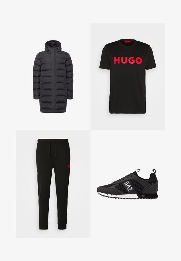 Schwarzer gepolsterter Mantel mit hohem Kragen, frontalem Reißverschluss und zwei seitlichen Taschen. Hat eine gerade Silhouette und gesteppte Textur. Leichtes Material.; Schwarzes Baumwoll-T-Shirt mit fettem roten "HUGO"-Schriftzug auf der Vorderseite, kurzen Ärmeln, rundem Ausschnitt und lässiger Passform.; Schwarze Sweatpants aus weichem Stoff, mit einem Kordelzugbund, schmaler Passform und einem rotenLOGO-Patch am linken Oberschenkel.; EA7 Emporio Armani Sneaker low - black/white