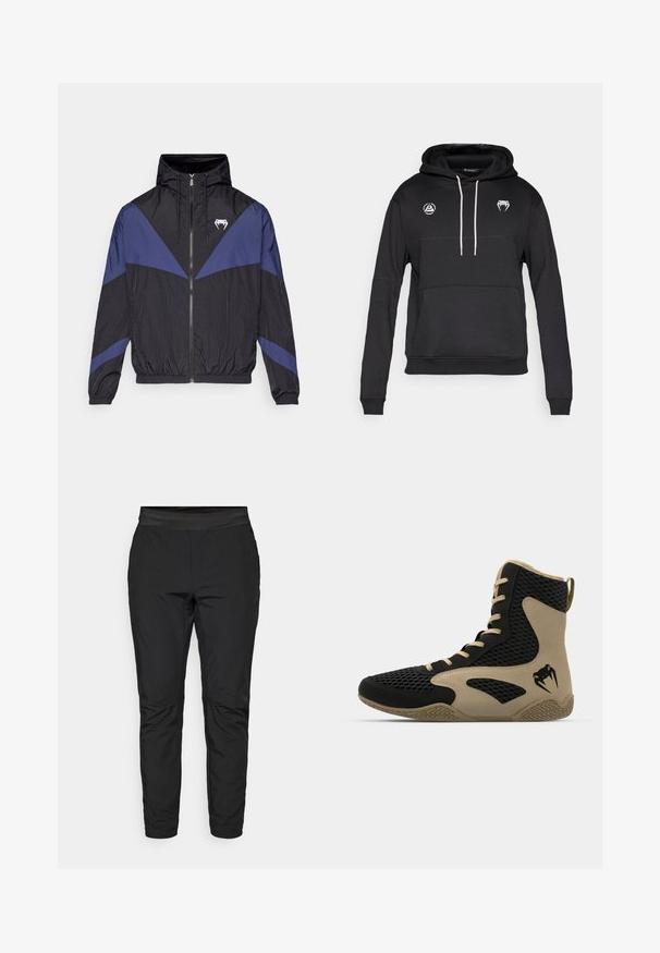 Musta ja tummansininen vetoketjullinen tuulitakki hupulla, joustavat hihansuut ja valkoinen hammashahmo rintamuksessa, asetettuna litteäksi valkoiselle taustalle.; Musta hupullinen pusero, jossa kengurutasku, valkoiset nyörit ja kaksi logoa rinnassa. Tehty pehmeästä, teksturoidusta kankaasta.; Mustat stretch-housut, joissa on istuva muotoilu, joustava vyötärö ja vetskareilla varustetut taskut. Sileä pinta, jolla on hieman kiiltävä viimeistely.; Korkean varren urheilukengät, joissa on musta verkkopinta beigeillä yksityiskohdilla. Hieman teksturoitu kumipohja ja logokuvaus sivussa.
