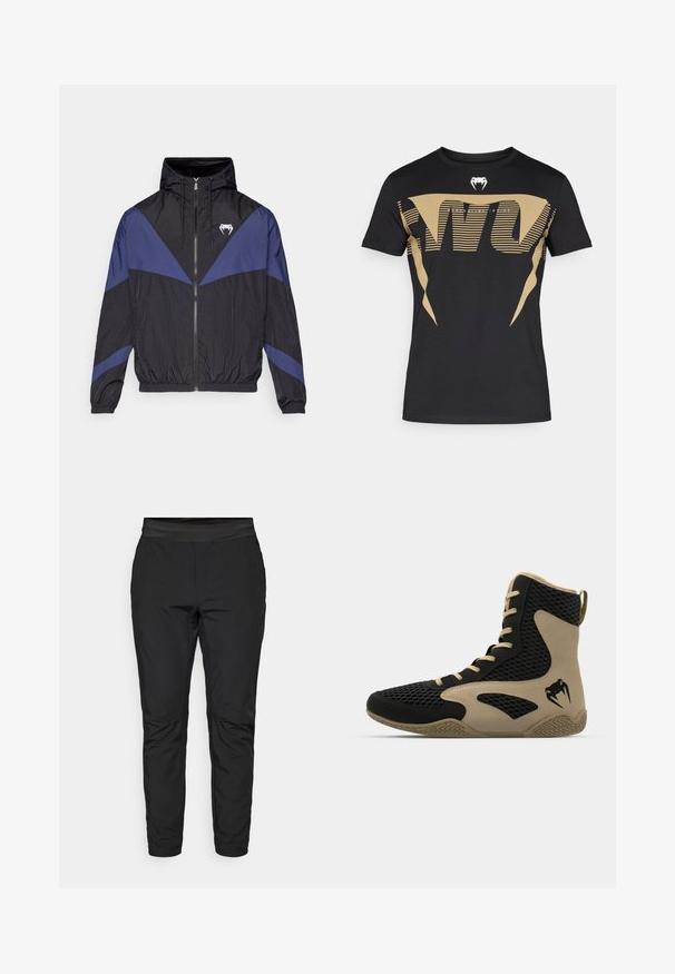 Black and dark blue zip-up windbreaker with hood, elastic cuffs, and a white fang logo on the chest, laid flat on a white background.; Black cotton t-shirt featuring a large, bold golden graphic design with stripes and a cobra logo on the chest. Classic crew neck style.; Black stretch pants with a fitted design, elastic waistband, and zippered pockets. Smooth texture with a slightly shiny finish.; High-top athletic shoe featuring a black mesh exterior with beige accents. Textured rubber sole and logo detail on the side.