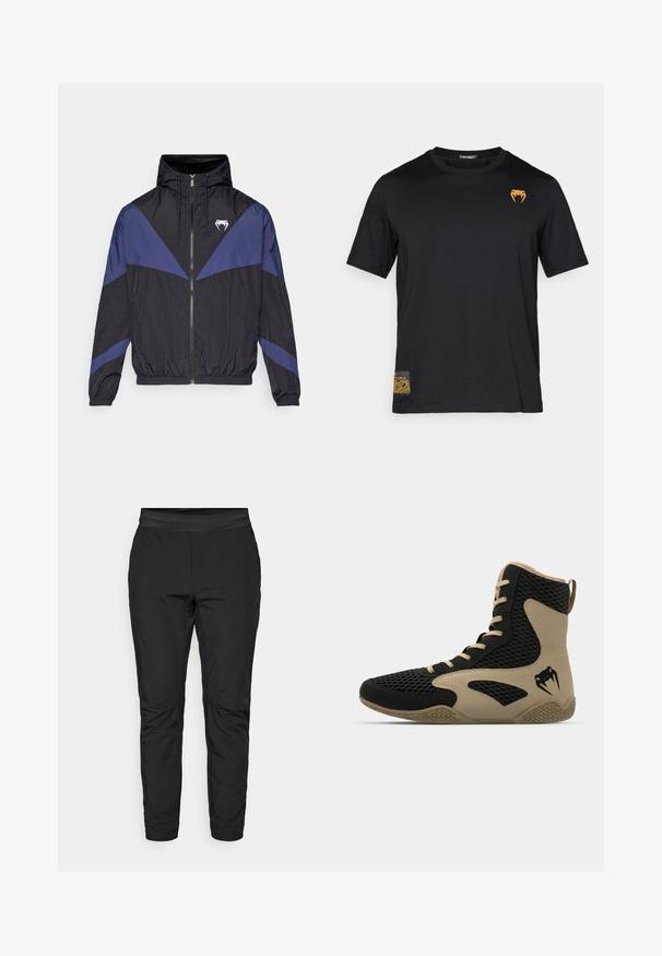 Giacca a vento nera e blu scuro con zip e cappuccio, polsini elastici e un logo a forma di dente bianco sul petto, posata su uno sfondo bianco.; T-shirt nera in cotone con maniche corte, caratterizzata da un logo a forma di serpente arancione sulla parte superiore sinistra e un motivo decorativo in basso a sinistra.; Pantaloni neri elasticizzati con un design aderente, vita elastica e tasche con zip. Texture liscia con una finitura leggermente lucida.; Scarpa sportiva alta con esterno in rete nera e dettagli color beige. Suola in gomma testurizzata e logo sul lato.