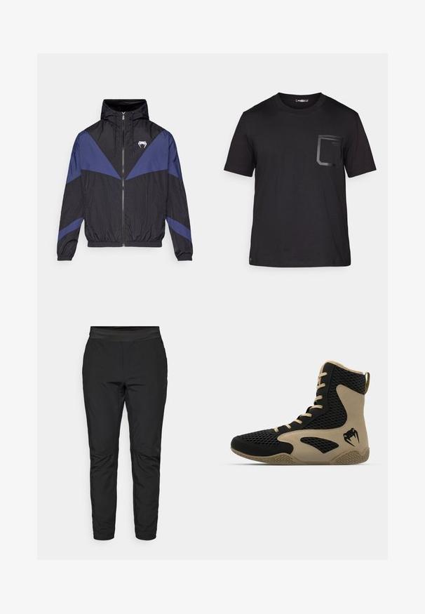 Svart og mørkeblå vindjakke med glidelås og hette, elastiske mansjetter, og en hvit fang-logo på brystet, lagt flatt på en hvit bakgrunn.; Svart t-skjorte med korte ermer laget av bomull med en subtil tekstur. Har en frontlomme med rektangulært design og logo-detalj.; Svarte stretchy bukser med en tettsittende design, elastisk midje og glidelåslommer. Jevn tekstur med en svakt skinnende overflate.; Høye idrettssko med svart nettverksutside og beige detaljer. Teksturert gummisåle og logo på siden.