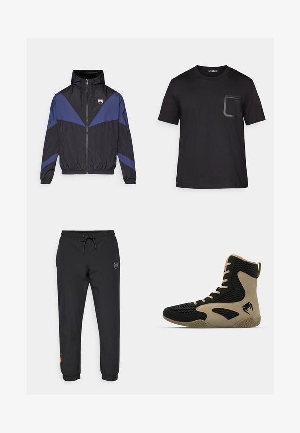 Corta-vento preto e azul escuro com fecho éclair, capuz, punhos elásticos e um logotipo de presa branca no peito, disposto em plano sobre um fundo branco.; T-shirt preta de manga curta feito de algodão com uma textura subtil. Apresenta um bolso frontal com um design retangular e detalhe do logo.; Calças de corrida pretas feitas de material leve, com um cós elástico com cordão, pernas estreitas e detalhes de logótipo na frente.; Sapatilha desportiva de cano alto com um exterior em malha preta e detalhes em bege. Sola de borracha texturada e detalhe do logótipo na lateral.