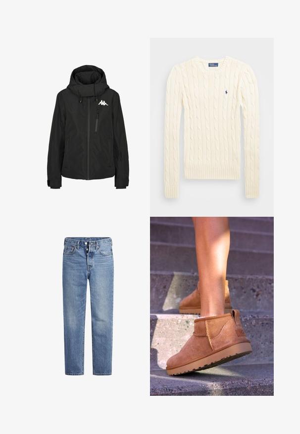 Schwarze wasserfeste Jacke mit hohem Kragen, Reißverschlusstasche auf der Brust, elastischen Bündchen und einem Logo auf der linken Schulter. Glatte Textur.; Cremefarbener kabelgehäkelter Pullover mit langen Ärmeln, gerippten Bündchen und Saum, mit einem kleinen gestickten Logo auf der linken Brust.; Helle blaue Jeans im geraden Schnitt, mit fünf Taschen und einem Knopfverschluss. Sie weisen dezente Verfärbungen und orangefarbene Nähte auf.; Beige Wildleder-Ankelstiefel mit weicher Textur, gesteppten Details und einer Gummisohle, ausgestattet mit einer Schlaufe an der Ferse für einfaches An- und Ausziehen.