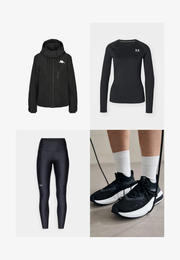 Schwarze wasserfeste Jacke mit hohem Kragen, Reißverschlusstasche auf der Brust, elastischen Bündchen und einem Logo auf der linken Schulter. Glatte Textur.; Schwarzes langärmliges Sportshirt aus glattem Material, mit Rundhalsausschnitt und einem kleinen weißen Logo auf der linken Brust.; Schwarze Leggings aus glattem, elastischem Material mit einem hohen Bund. Mit einem weißen Logo auf dem linken Oberschenkel und tailliertem Design.; Schwarze Sportschuhe aus strukturiertem Stoff, mit weißer Sohle und schwarzen Schnürsenkeln. Tragen mit weißen gerippten Socken, stehen auf einer hellen Fläche.