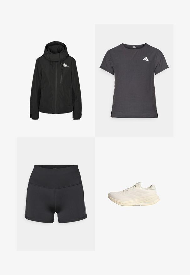 Mustas veekindel jakk kõrge kraega, lukuga rind tasku, elastsed mansetid ja logo vasakul õlal. Sile tekstuur.; Lühikese varrukaga sportlik T-särk, tumehall, perforatsiooni tekstuuriga. Omab valget logo ja kontrastset külgtriipu. Ümar kaelus.; Mustad spordipüksid kõrgseeliku ja veniva kangaga. Omavad valgeid küljeribasid ja lamedaid õmblusi mugavuse tagamiseks.; Heledadbeige sportjalats, millel on tekitatud ülemine osa, tasased paelad ja pehmendusega talla. Sisaldab lateraalses küljel kolme triibu disaini.