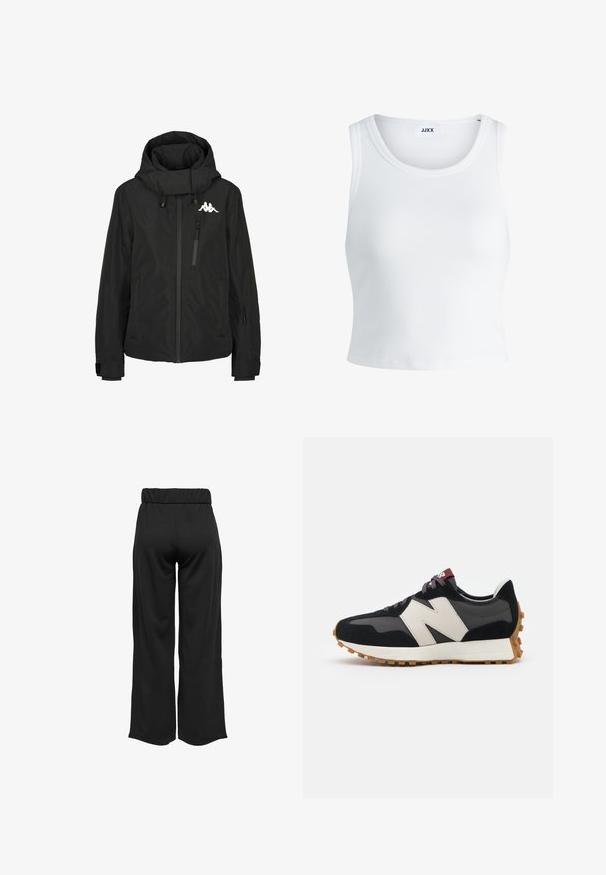 Svart vanntett jakke med høy krage, glidelås brystlomme, elastiske mansjetter og et logo på venstre skulder. Glatt tekstur.; Hvit ribbestrikket tank topp med rund hals, uten ermer og croppe lengde. Merket leser "JJXX." Glatt stoff tekstur.; Svarte, vide bukser med elastisk midje, laget av glatt stoff. Har et rent design uten lommer eller synlige sømmer.; Sorte og grå sued sneakers med et stort cremefarvet "N" logo, lilla snørebånd og en tekstureret gummisål.