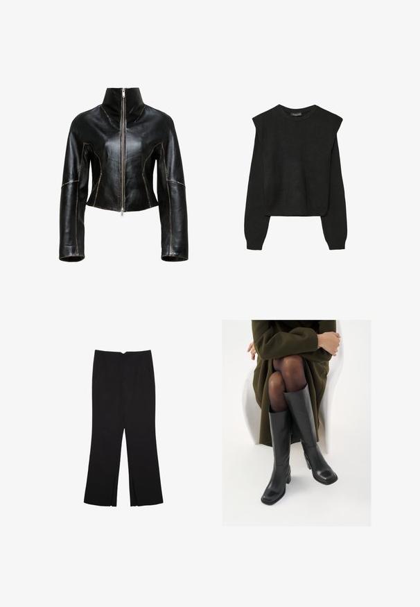 Crna kožna skraćena jakna s visokim ovratnikom, prednjim zatvaračem i kontrastnim bežnim šavovima.; Crna pletena dugoslojna majica sa podloženim ramenima i rebrastim manžetama i rubom, prikazana na bijeloj pozadini.; Crne hlače ravnog kroja, s prednjim džepovima i bočnim prorezima na rubu. Izrađene od mekog i glatkog materijala. Pogodne za razne prigode.; Čizme od crne kože do koljena sa četvrtastim vrhom i blok petom, prikazane s manekenkom koja sjedi u maslinasto zelenom kaputu. Glatka tekstura, minimalni detalji.