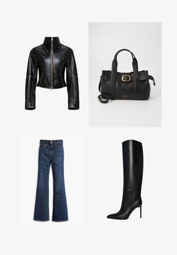 Jachetă scurtă din piele neagră, cu guler înalt, închidere frontală cu fermoar și cusături contrastante bej de-a lungul cusăturilor.; Top fără mâneci, de culoare verde deschis, realizat dintr-un material neted, având un gât înalt și o siluetă ajustată. Fără accesorii sau modele vizibile.; Jeans din denim dark blue, cu talie înaltă, picioare evazate, închidere cu buton și fermoar în față, și design cu cinci buzunare.; Cizmă neagră din piele cu toc stiletto, până la genunchi, cu vârf ascuțit. Textură netedă, design structurat și toc înalt subțire. Fără hardware sau modele vizibile.; Geantă de mână din piele neagră, cu un design structurat, mânere superioare duale, accent cu cataramă aurie și logo-ul brandului embosat în față.