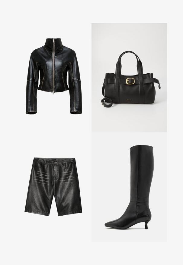 Giacca cropped in pelle nera con colletto alto, chiusura frontale con cerniera e cuciture beige a contrasto lungo le cuciture.; Top senza maniche di colore verde chiaro realizzato in tessuto morbido, con collo alto e silhouette aderente. Nessuna hardware o motivo visibile.; Pantaloni corti neri in finta pelle caratterizzati da una texture liscia, cinque tasche e dettagli a strisce sottili sul davanti. Design classico a taglio dritto.; Zign Stivali alti - black; Borsa a mano in pelle nera con un design strutturato, doppie maniglie superiori, accentuazione in metallo dorato e logo del marchio in rilievo sul davanti.