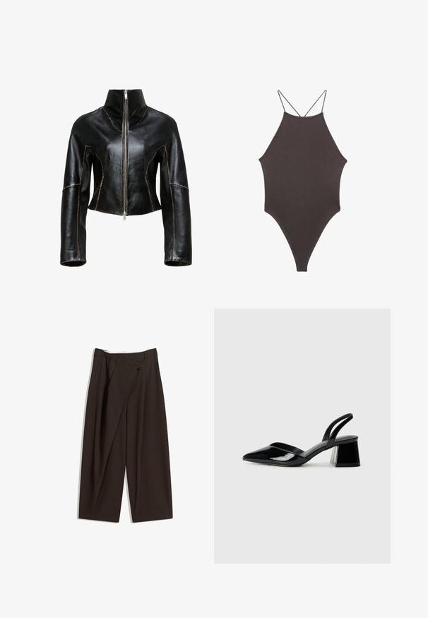 Sort læder cropped jakke med høj krave, frontlynlås og kontrasterende beige syninger langs sømmene.; Brun højhalset heldragt badedragt med tynde, justerbare stropper; har højt skåret ben og glat tekstur. Ingen mønstre eller udsmykninger.; Mørkebrune brede bukser med høj talje, udstyret med en enkelt knaplukning og en plisseret front. Lavet af letvægtsstof.; Sorte patentlæder slingback hæle med spids tå og en geometrisk blok hæl. Har et elegant, minimalistisk design og en glat tekstur.