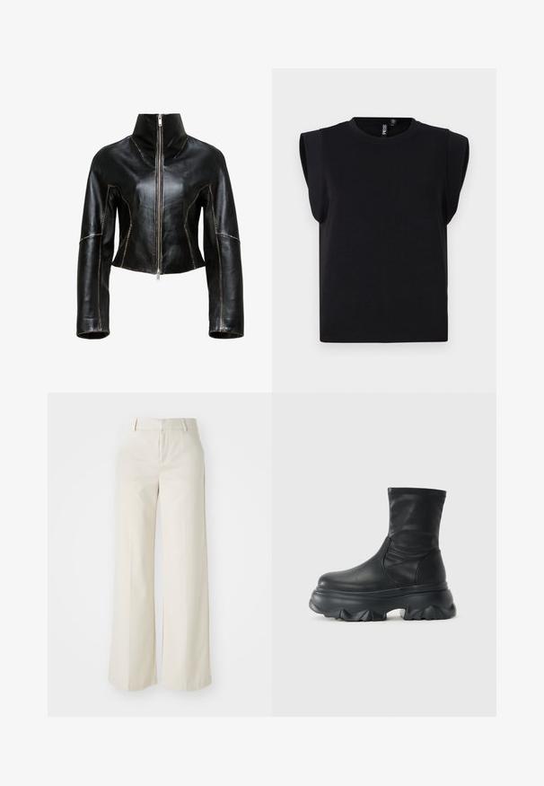 Giacca cropped in pelle nera con colletto alto, chiusura frontale con cerniera e cuciture beige a contrasto lungo le cuciture.; T-shirt nera cropped in cotone, con ampie spalline, scollo rotondo e maniche corte. Tessuto morbido, design minimalista.; Pantaloni a gamba larga di un colore beige chiaro, realizzati in un tessuto liscio. Presentano una vita classica e una parte anteriore piatta con linee pulite.; Stivaletto nero fino al polpaccio con tomaia in pelle liscia e suola spessa e scolpita con un profondo motivo di battistrada.