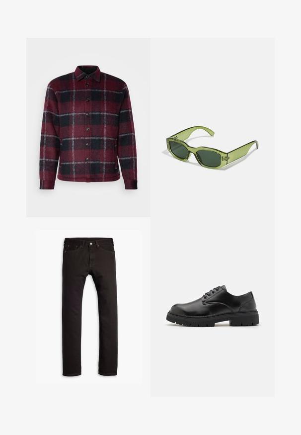 Rote und schwarze Karojacke aus weichem Stoff mit Knopfverschluss und Kragendesign. Strukturierten Oberfläche mit grauen Akzenten.; Dunkelblauer Rollkragenpullover aus feinem Strickmaterial, mit langen Ärmeln und einem taillierten, hohen Kragen. Keine sichtbaren Muster oder Akzente.; Schwarze schmal geschnittene Jeans mit fünf Taschen und Knopfschluss, flach auf einem weißen Hintergrund präsentiert.; Schwarze Lederschuhe mit runder Zehenform, Schnürdesign und einer dicken, strukturierten Gummisohle. Sie verfügen über eine Naht entlang des Randes und haben eine glatte Oberfläche.; Grüne durchsichtige Sonnenbrille mit rechteckigem Rahmen, dunkelgrünen Gläsern und einem Logoakzent an der Seite. Glatte Textur und modernes Design.