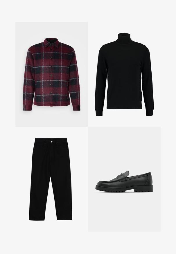 Red and black plaid jacket made of soft fabric, featuring a button closure and a collared design. Textured surface with gray accents.; Black turtleneck sweater made of a soft knit material. Features long sleeves, ribbed collar, and hem. Simple, sleek design without patterns.; Black denim pants featuring a straight-leg cut, five-pocket design, and a front button closure. Smooth texture with minimal stitching details.; Black leather loafers with a rounded toe, featuring a stitched design, low platform sole, and a textured, lugged rubber outsole.