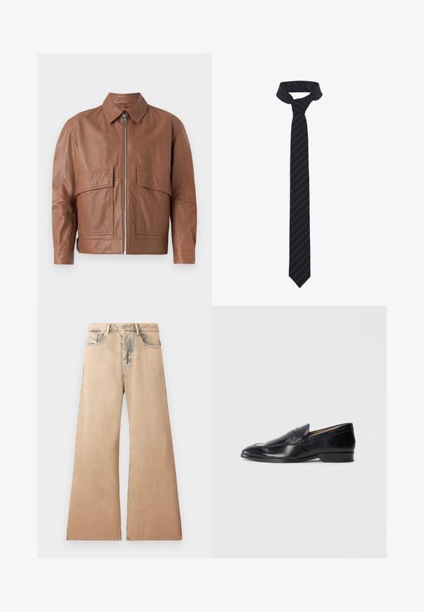 Brown leather jacket with a collar, front zipper, and two large flat pockets. Smooth texture and slightly cropped design.; White long-sleeve shirt made of textured fabric, featuring a classic collar, button front, and straight hemline, with a relaxed fit.; Beige wide-leg jeans with faded texture, five-pocket design, and stitched detailing along seams. Waist has a traditional button closure.; Black leather loafer with a smooth finish, pointed toe, and subtle stitching detail. Features a flat heel and embossed logo on the side.; Black tie with diagonal blue stripes, made from a smooth fabric. Features a tapered end and a knotted loop at the top.