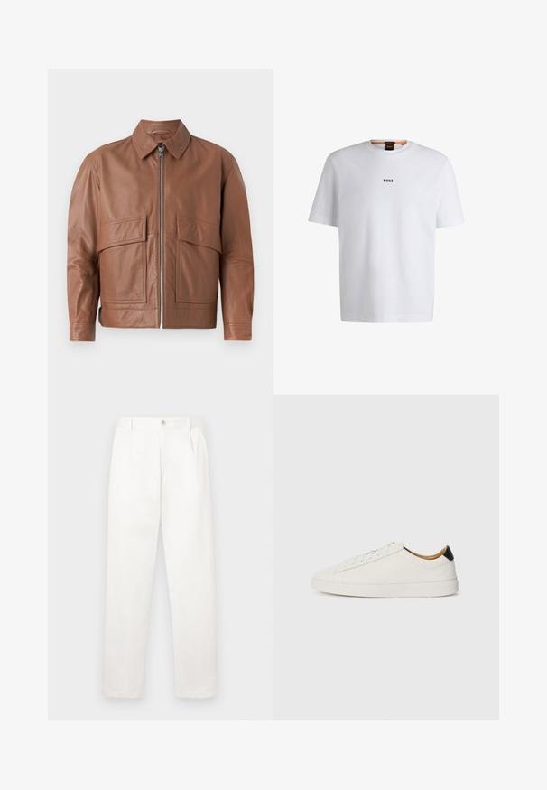 Hnedá kožená bunda s golierom, predným zipsom a dvomi veľkými plochými vreckami. Hladká textúra a čiastočne skrátený dizajn.; Biela bavlnená tričko s krátkymi rukávmi, na prednej strane so stredne umiestneným čiernym logom "BOSS" a okrúhlym výstrihom.; Biele nohavice vyrobené z hladkej tkaniny, s rovnými nohavicami, prednými záhybmi a jedným gombíkom na zapínanie v páse.; Biele tenisky s hladkým koženým zvrškom, okrúhlou špičkou a plochou podrážkou. Čierny detail na päte, s tonálnym viazaním a minimálnym brandingom.