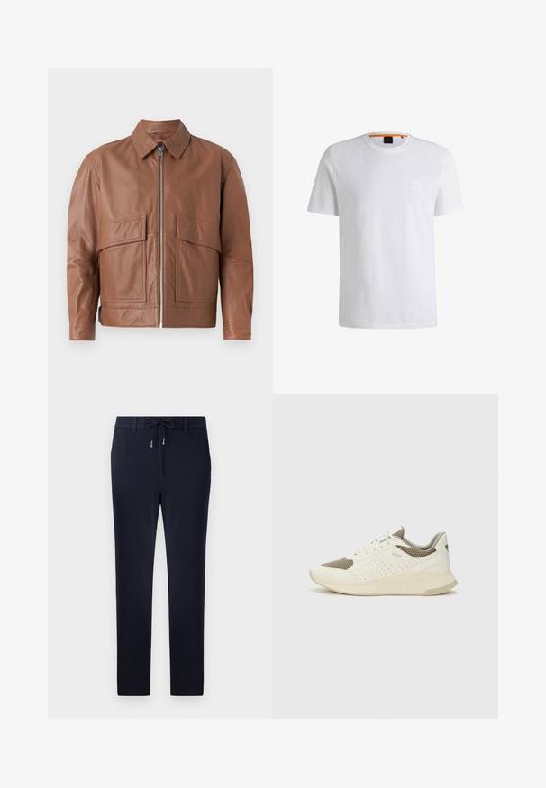 Ruda odinė striukė su apykakle, priekiniais užtrauktukais ir dviem didelėmis kišenėmis. Lygus paviršius ir šiek tiek trumpesnis fasonas.; Balta medvilnės marškinėlai su trumpomis rankovėmis ir apvalia iškirpte. Sukurtas su subtiliu priekinio logotipo pleistru ir oranžine akcentu apykaklėje.; Tamsiai mėlynos kelnės su raišteliu juosmens dalyje, liekna forma ir lygi tekstūra. Nėra matomų raštų ar akcentų.; Baltas ir šviesiai bežinis sportinis kedas, su tinklo viršumi, perforuotais detalėmis ir tekstūruotu tarpine su logotipu ant kulno.