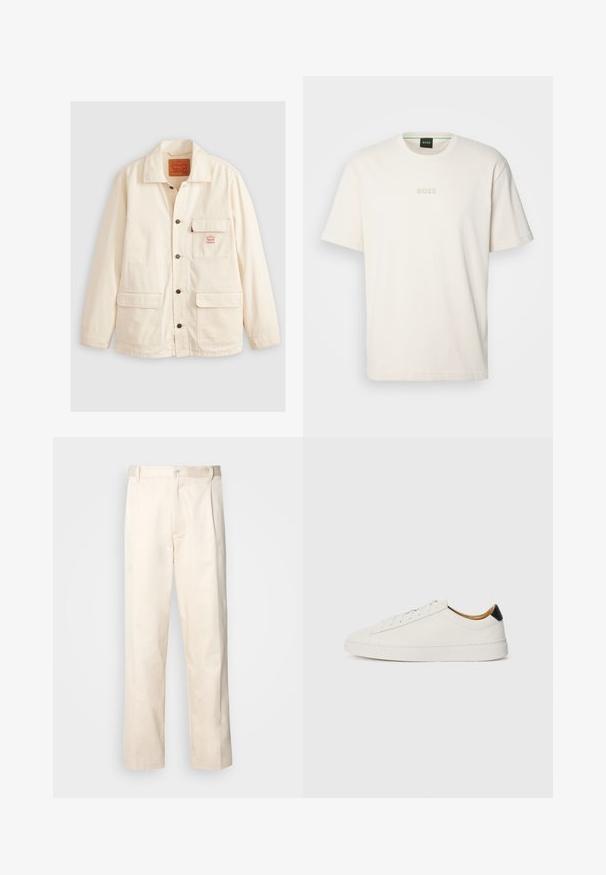 Kreemikas värvitooni puuvillane jakk, millel on avatud kaelus, ees nuppe sulgemine, kaks suurt taskut ja väike logotäpiga tükk rinnal.; BOSS TEE - Lihtne T-särk - open white; Beesidised puuvillased püksid sirge jala lõikega, mis on varustatud nööpkinnituse ja ees olevate voltidega, et lisada detaili.; Valge sneaker, millel on sile nahk pealis, ümmargune varvas ja lame tald. Must aktsent kandadel, ton-sümpaatne paeltega ja minimaalne bränding.