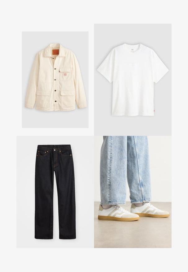 Kreemikas värvitooni puuvillane jakk, millel on avatud kaelus, ees nuppe sulgemine, kaks suurt taskut ja väike logotäpiga tükk rinnal.; Valge lühikeste varrukatega puuvillane T-särk, millel on ümmargune kaelus. Ees on peene reljeefse logoga detail ja hemmi peal punane silt.; Meeste sirge jala mustad denim teksad viie taskuga, oranž õmblus, nupu ja tõmblukuga ees nagu vöökoht.; Valged tenniset jalatsid beeži nubukaktsentide ja heade kummitaldadega; omavad madalat disaini ja tekstuurset detailimist ülemisel osal.