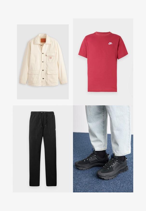 Krem kaput od pamuka s raširenim ovratnikom, prednjim zatvaranjem na dugmad, dva velika džepa i malim logom na prsima.; Crvena Nike majica kratkih rukava s bijelim logotipom na lijevoj strani prsa, okruglim izrezom i jednostavnim dizajnom na neutralnoj pozadini.; Crne trenirke od flisa, s elastičnim pojasom i vezicama, dva prednja džepa i mali logo na butini.; Crne atletske cipele s teksturiranom tkaninom i gumene potplate, s elastičnim vezicama i plavim akcentom na peti. Nosene su s svijetlim trapericama.