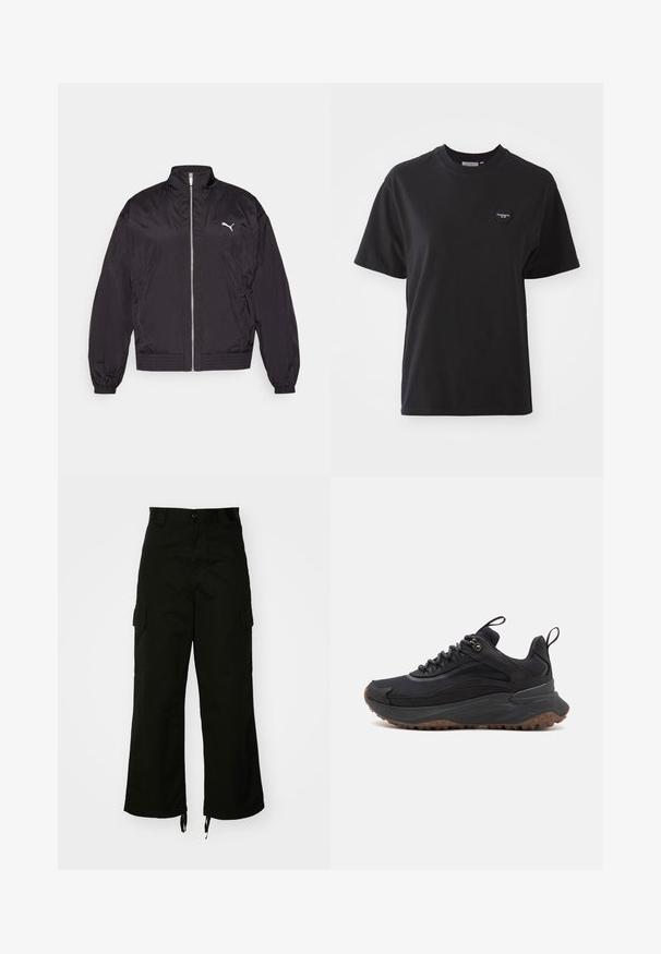 Schwarze Bomberjacke mit Reißverschluss aus leichtem Material, ausgestattet mit einem hohen Kragen, elastischen Bündchen und einem kleinen weißen Logo auf der linken Brust.; Schwarzes Baumwoll-T-Shirt mit Rundhalsausschnitt, kurzen Ärmeln und einem kleinen herzförmigen Logo in der oberen linken Ecke. Glatte Textur, lockere Passform.; Schwarze Cargo-Hosen aus Baumwolle mit weitem Bein, seitlichen Taschen und Kordelzügen am Saum. Das Design umfasst einen Knopfverschluss an der Taille.; Timberland MOTION ACCESS - Sneaker low - black